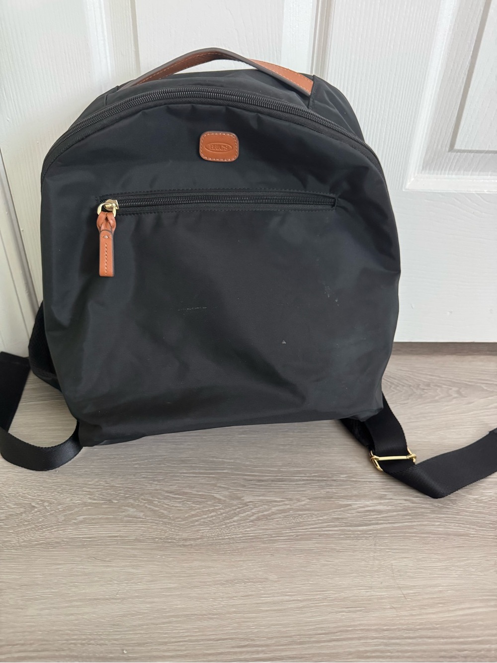 Bric's Black Nylon Backpack with Brown Leather Accents
